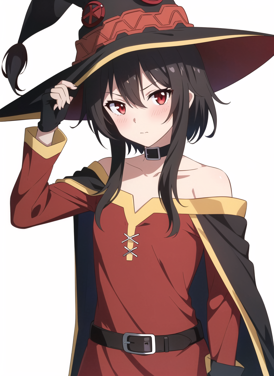 3978527807-4002152244-megumin, 1girl, bare shoulders, black cape, black gloves, black hair, blush, cape, choker, collarbone, dress, fingerless gloves,.png